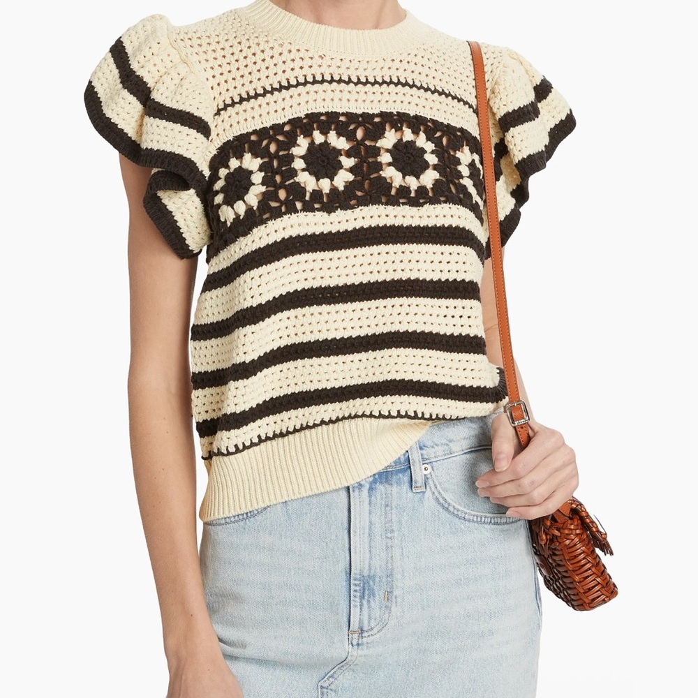 Striped Crochet Flutter Sleeve Knit Top